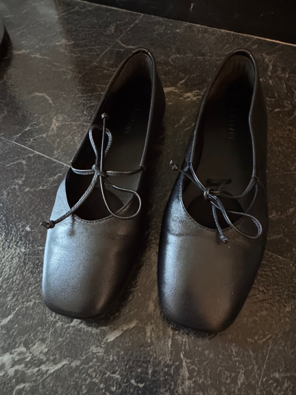 Everlane Black Leather Ballet Flats with Tie Detail